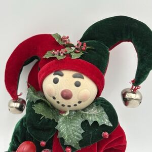 Vintage Christmas Elf Doll 20" Red‎ Green Velvet Jester Bells Weighted Wood Base